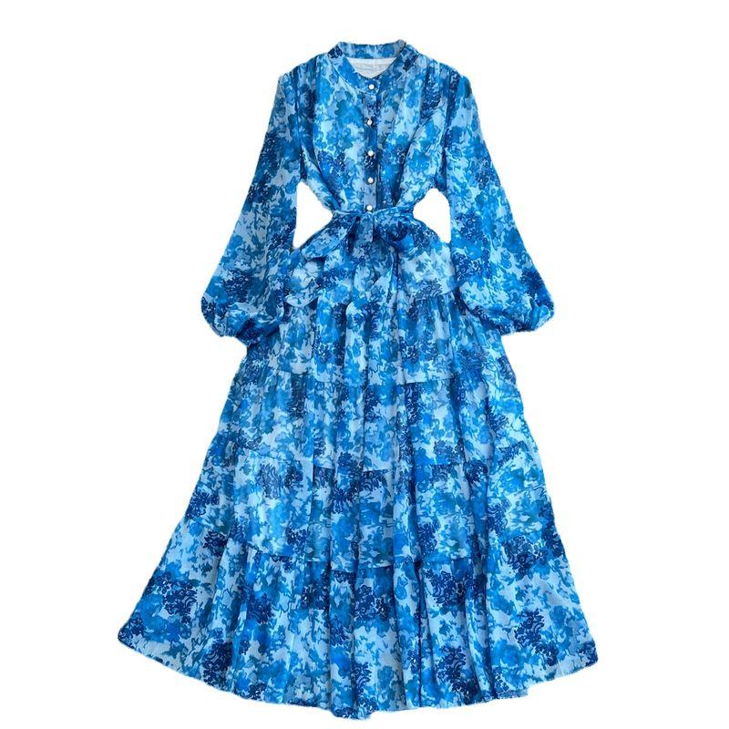 Long Sleeves Stand Collar A- Line Elegance Wide Hem Printed Dress