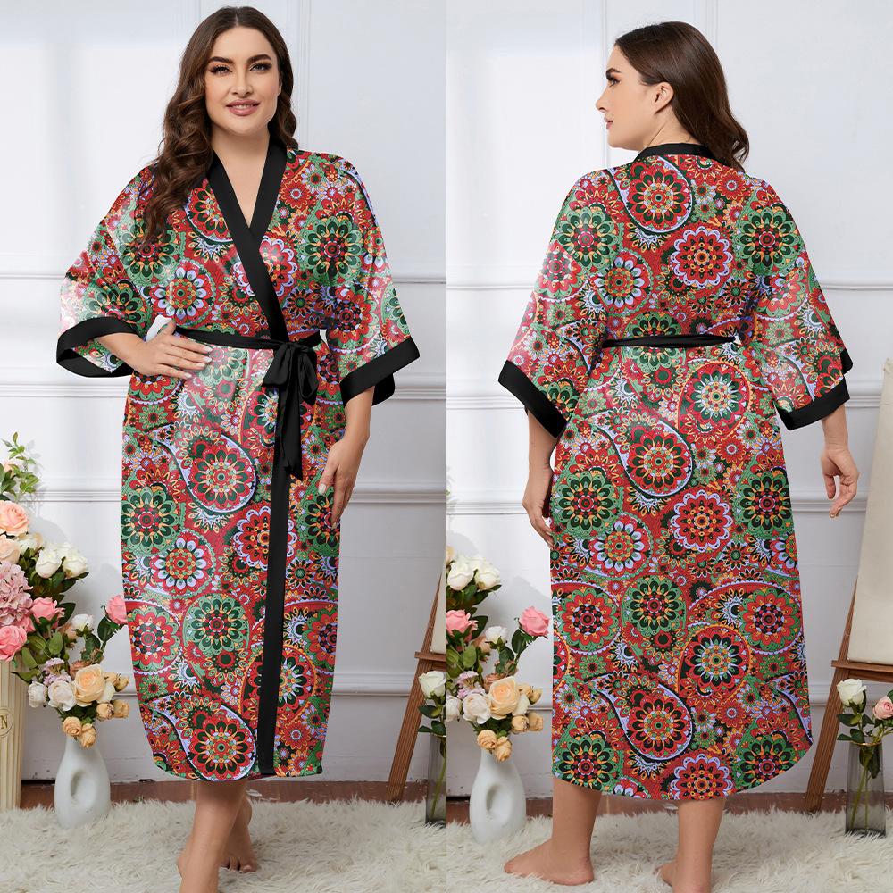 Весенне-осенние женские пижамы большого размера, домашнее платье, пижамный халат, имитация шелка, цветной принт, домашняя повседневная ночная рубашка