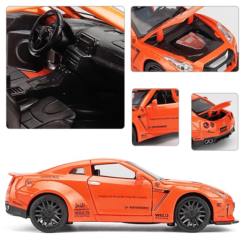 Масштаб 1/32 Nissan GTR, литая под давлением модель автомобиля, игрушечный автомобиль с откатным механизмом, звуком и светом для детей, коллекция подарков для мальчиков и девочек