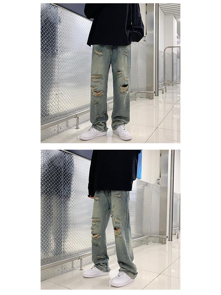 Летние уличные ретро рваные вареные джинсы прямого кроя для мужчин и женщин