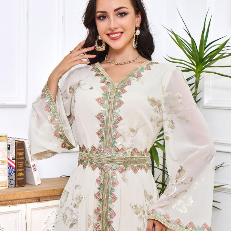 Ближневосточный мусульманский халат, женское новое кружевное модное белое платье с горячей штамповкой и вышивкой