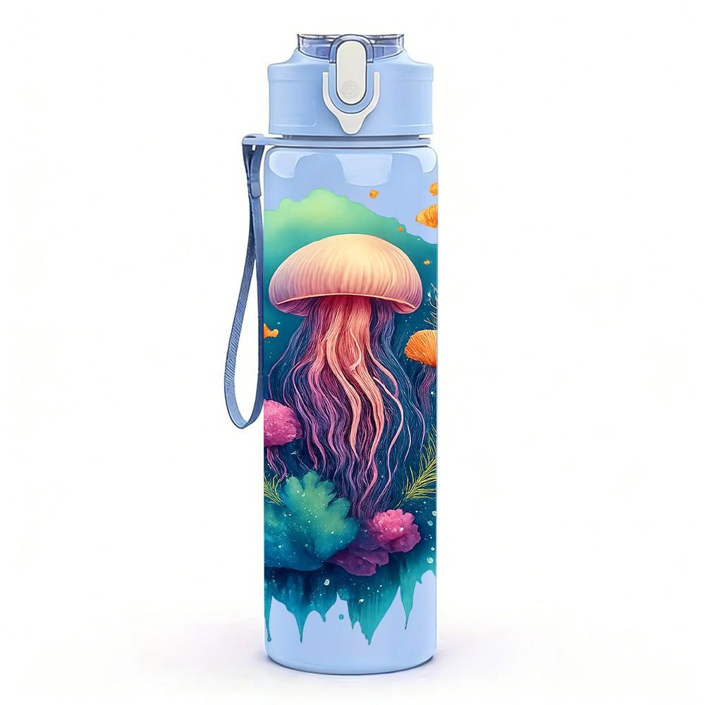 1PC Colorful Jellyfish Art 750ml Color Plastic Sports Water Bottle Leakproof Flip Straw Lid Suitable for Sports Office Home Use