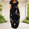 Women Plus Size Round Neck Short Sleeve White Printed Loose Maxi Dress With Side Pockets
