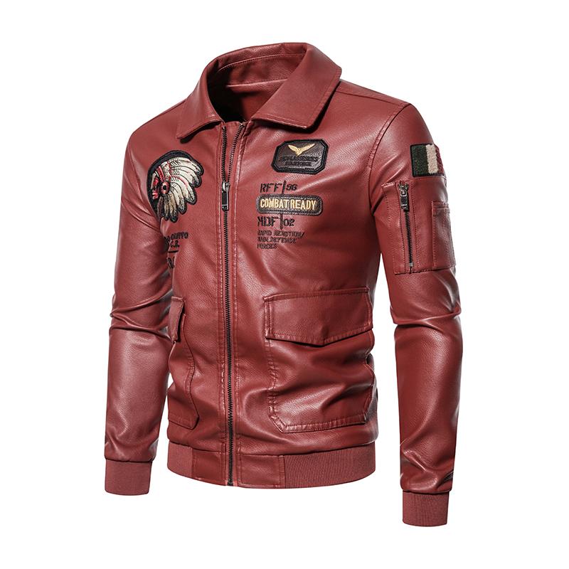 Autumn Winter Embroidered Leather Jacket Men Fleece Pu Leather Waterproof Motorcycle Jacket
