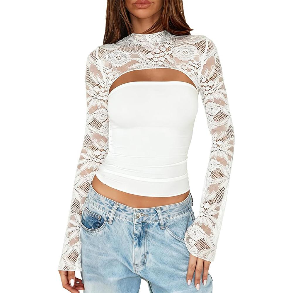 Women’s Lace Long Sleeve Going Out Top Sexy Cut Out Y2K Crew Neck Club Party Night Out Tops Mesh Lace Blouse Shirt