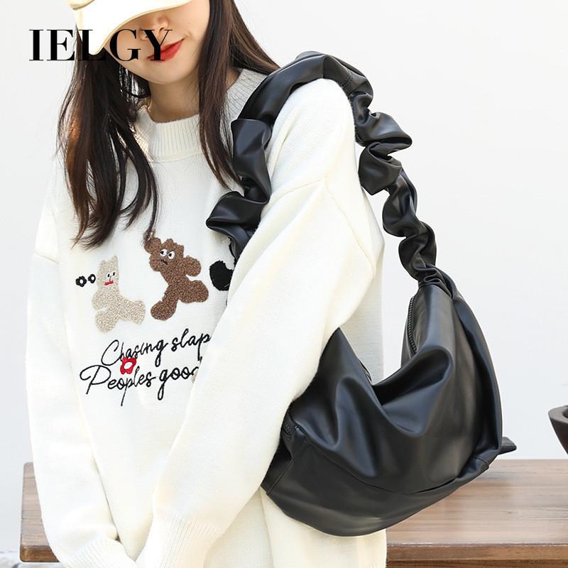 IELGY Korean Version of Casual Soft Leather Dumpling Bag, Fashionable Pleated Shoulder Armpit Bag, Retro Drawstring Messenger Women's Bag