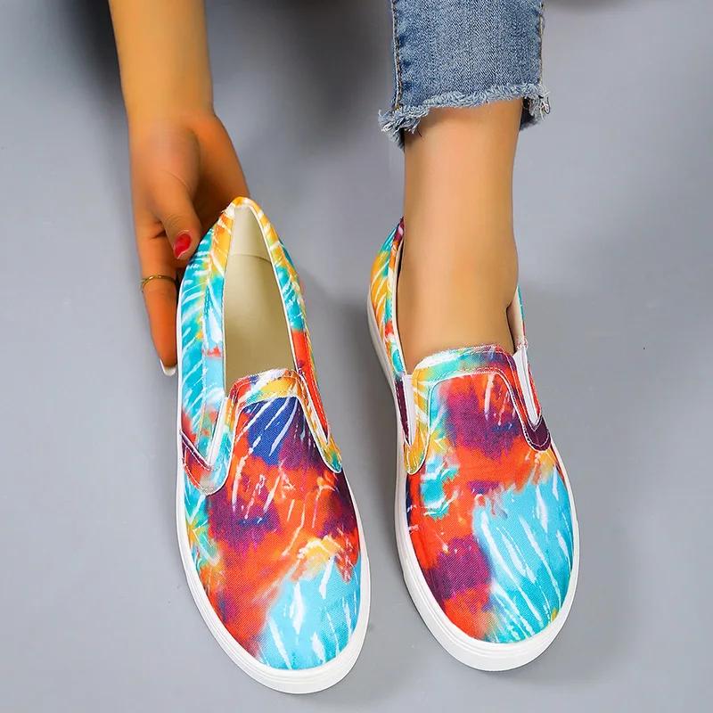 Женские мокасины Graffiti Flat Shoes Женские летние вулканизированные туфли Повседневные прогулочные туфли Мокасины из парусины без застежек для женщин