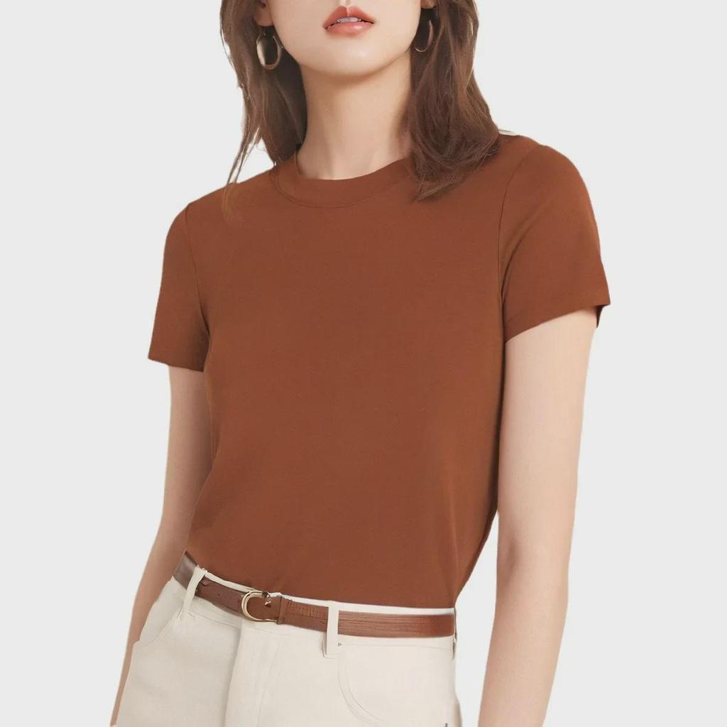 «Высококачественная европейская футболка Tencel Wool Slim Fit с коротким рукавом для женщин — новая летняя мода, круглый вырез, стиль класса люкс»