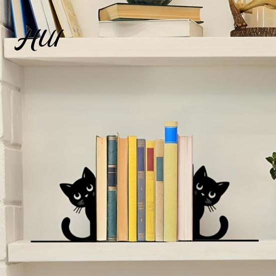 Rounded Corner Bookend 2Pcs Black Cat Bookends for Shelves, Cute Metal Book Holder Kids Room Desk, Heavy Duty Non-Slip Stopper Home Office Decor