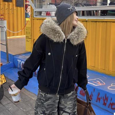 Корейская версия Женская Черная Модная Парка на Молнии с Капюшоном Большого Размера Зимнее Серое Теплое Свободное Хлопковое Пальто Толстое Повседневное Трендовое