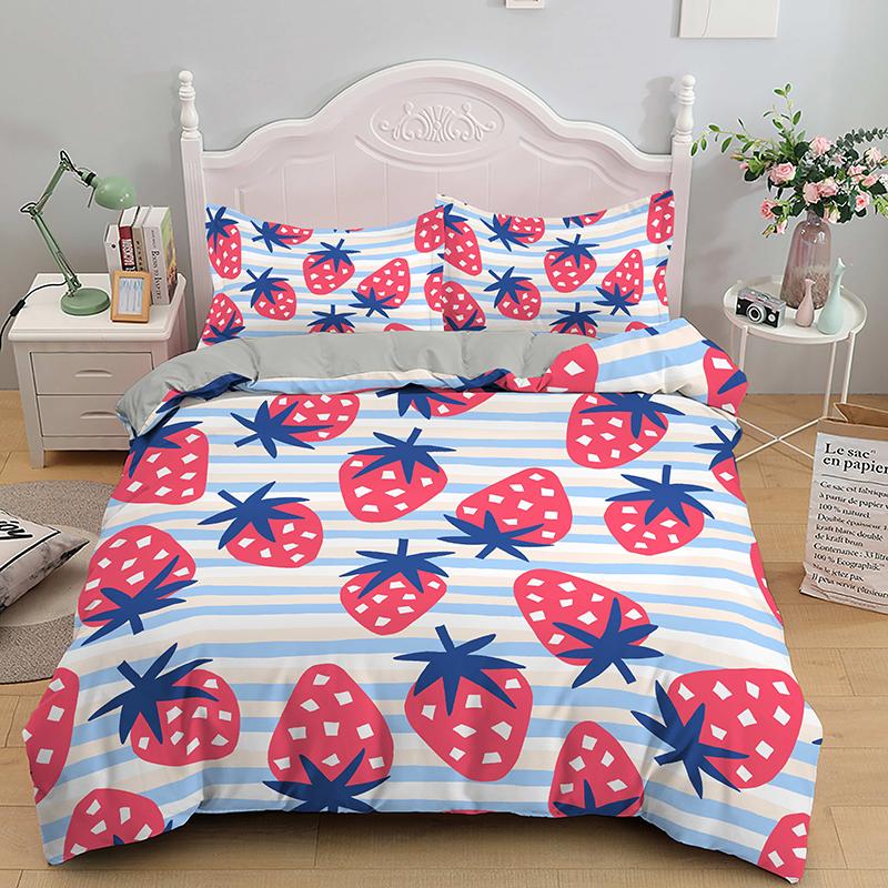 Pink Strawberry Cute Bedding Set Duvet Cover Set 3D Print Fruit Pattern Quilt Cover Pillowcase King Queen Size For Kids Boy Girl