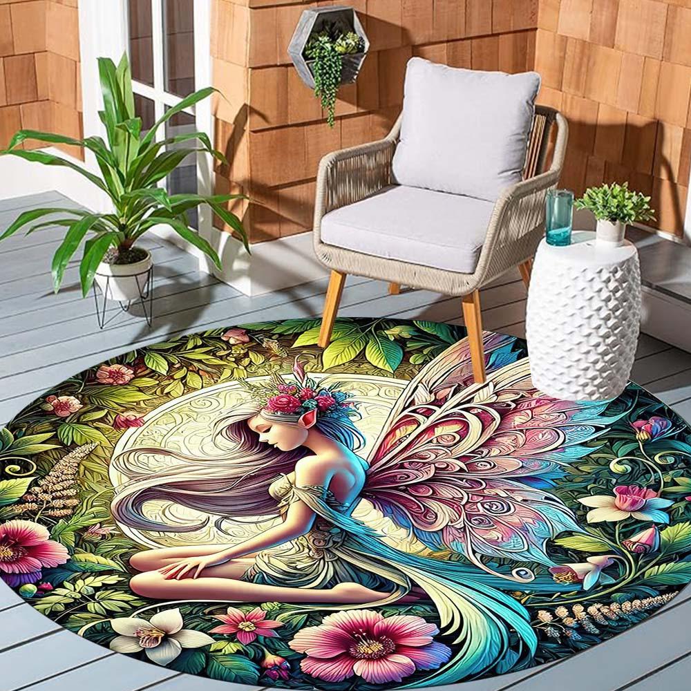 1 Piece Flower Fairy Outdoor Round Carpet Floor Mat Doorway Decorative Carpet Outdoor Patio Camping Carpet Living Room Bathroom Bedroom Decorative