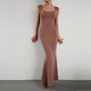 Женские осенние облегающие сексуальные вязаные однотонные длинные платья с квадратным вырезом, тонкие рыбий хвост