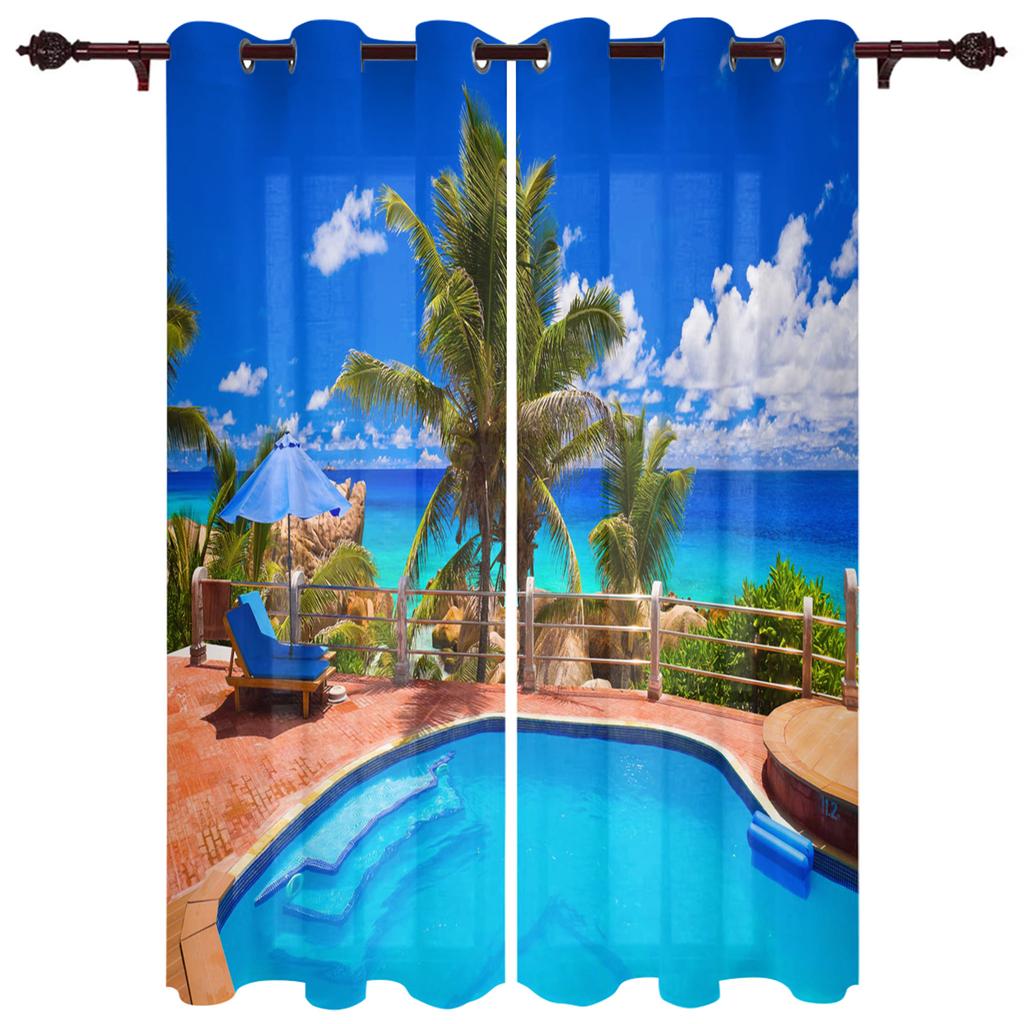 Windows Sea Beach Blue Sky White Clouds Luxury Home Curtains Modern Home Supplies Living Room Bedroom Custom Curtains
