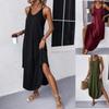 Women's Curve Hem Flowy Dresses Summer Sleeveless V Neck Loose Fit Long Dress Suspender Solid Color Casual Daily Dresses New