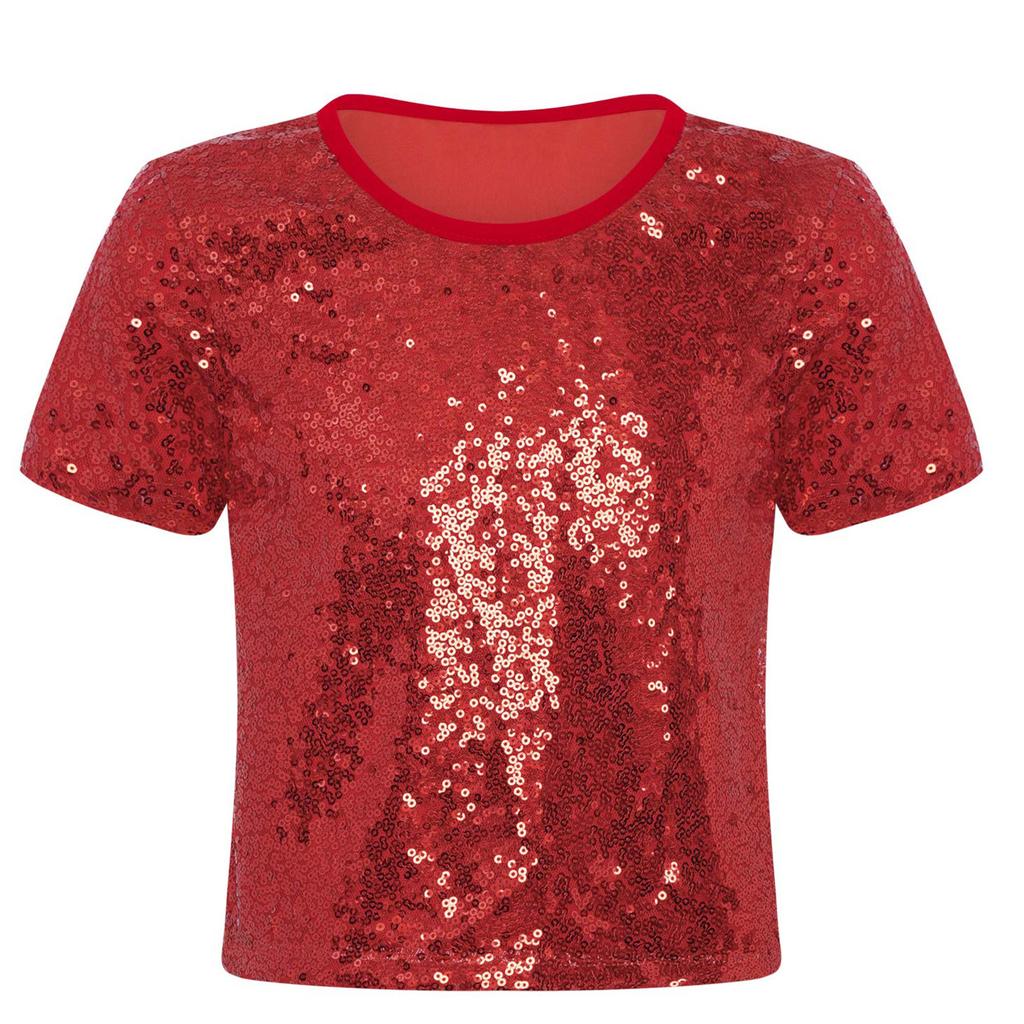 Girls Sparkling Sequin Crop Top Round Neck and Short Sleeves for Hip Hop Dance Costume