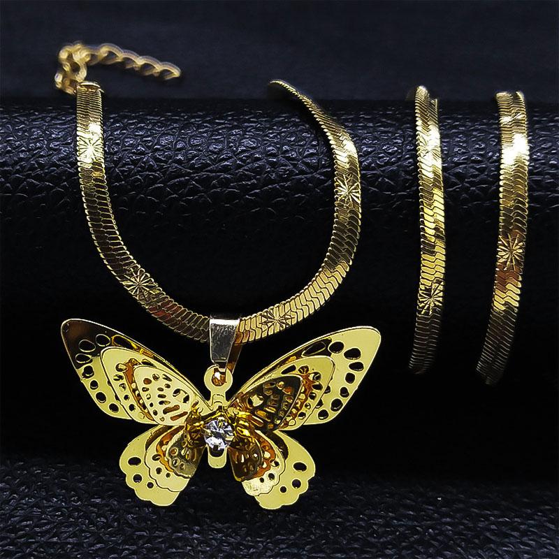 Подвеска-ожерелье с полым резным кулоном в виде бабочки со стразами для женщин, золотого цвета, на стальной змеиной цепочке, ювелирный подарок