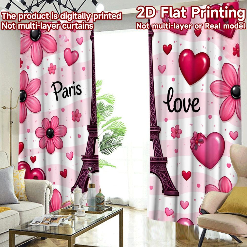 2D FLAT PRINTING 2pcs Curtains (Without Rod) Valentine's Eiffel Tower Love Popular Curtain Machine Washable Fabric Curtains weet