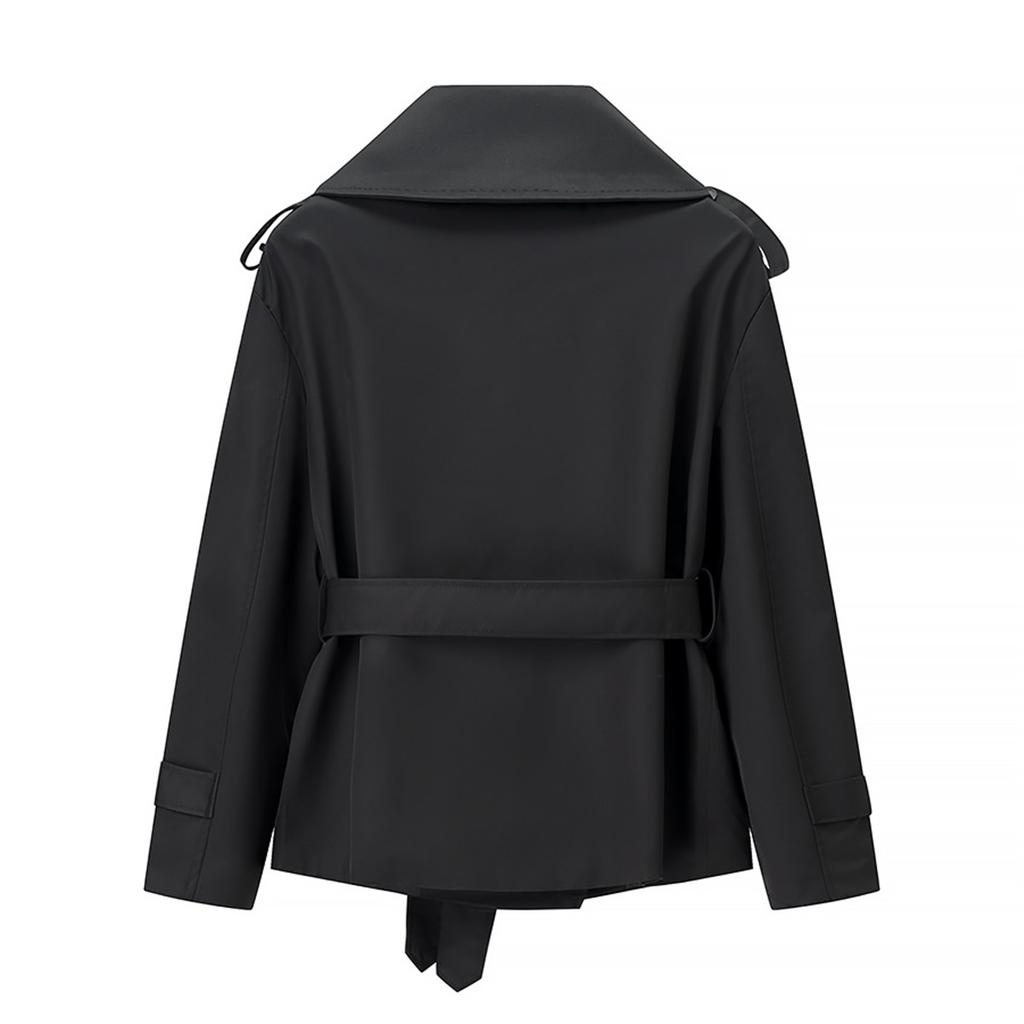 Женский короткий тренч с лацканами, погонами, двубортный, с поясом на талии, длинным рукавом, повседневная ветровка, верхняя одежда