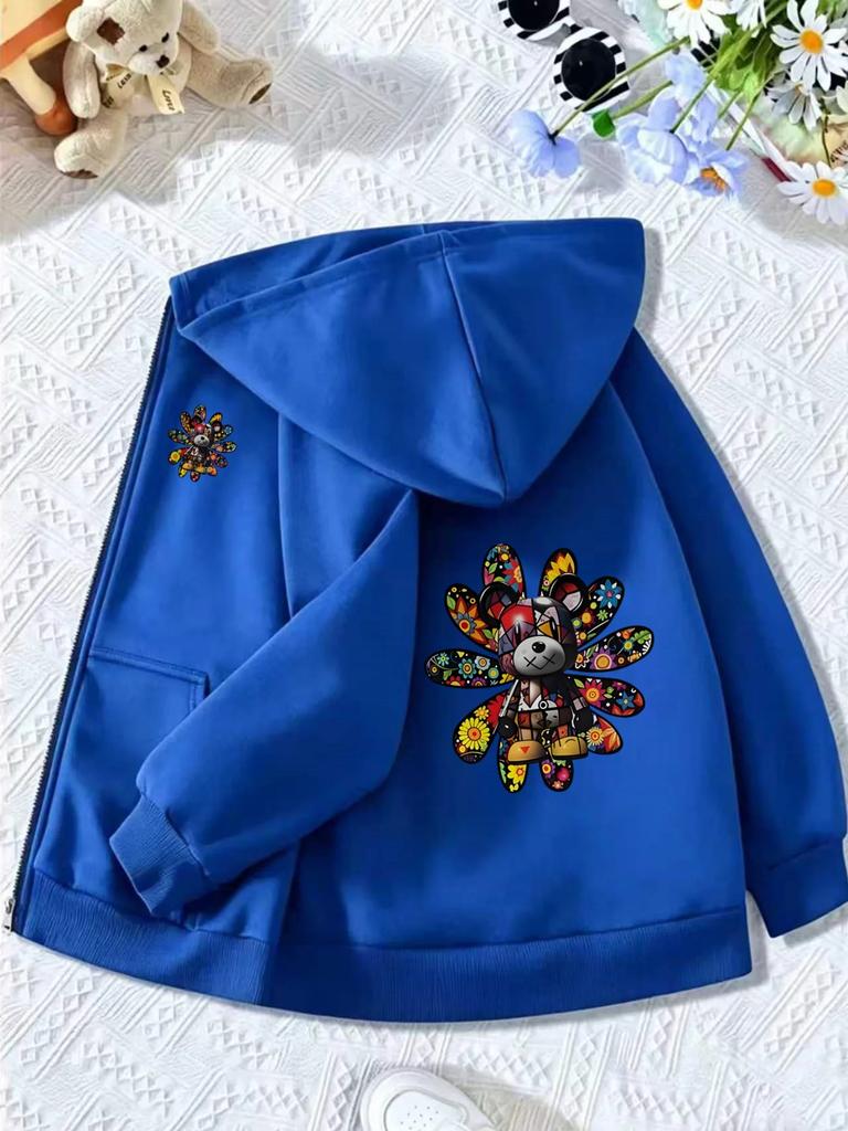 Street Style Zip Hoodie For Kids Bright Floral Graffiti Bear Front Sleeve Pattern Long Sleeve Loose Casual Kids Outerwear