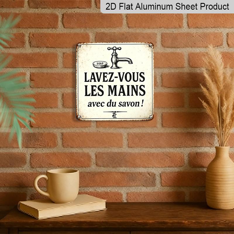 2D Flat, 1pc Vintage French-Style Bathroom Sign, Vintage Aluminium Plaque with Faucet and French "LAVEZ-VOUS LES MAINS" Handwashing Text, Wall Decor