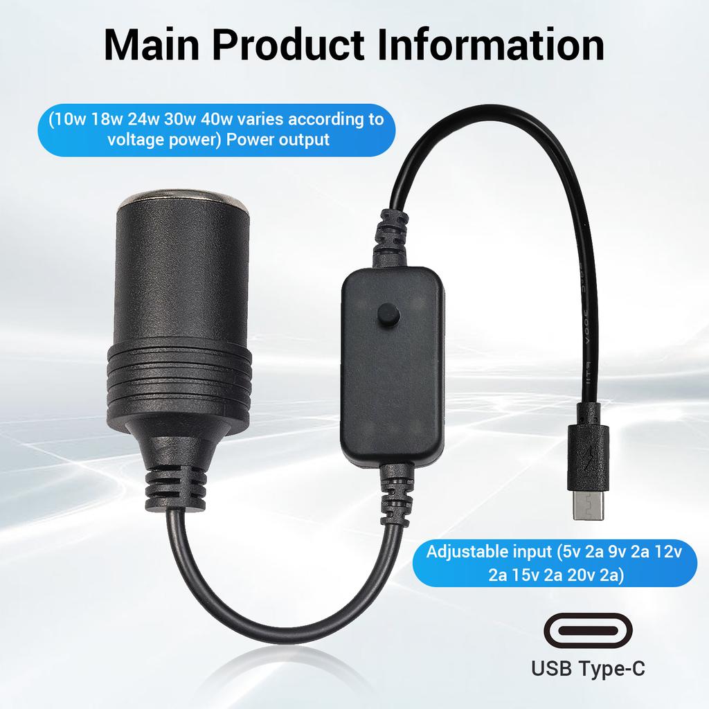 Car Adapter USB C Male To 9V 12V Car Cigarette Lighter Socket Step Up Cable Female Power Cord for Power Bank DVR