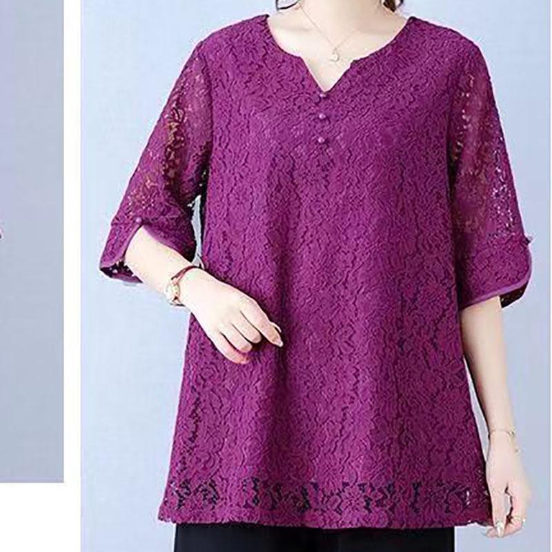 Ladies V-neck Blouse Oversize Blouse Lace Chiffon Summer Short-sleeved Blouse for Women