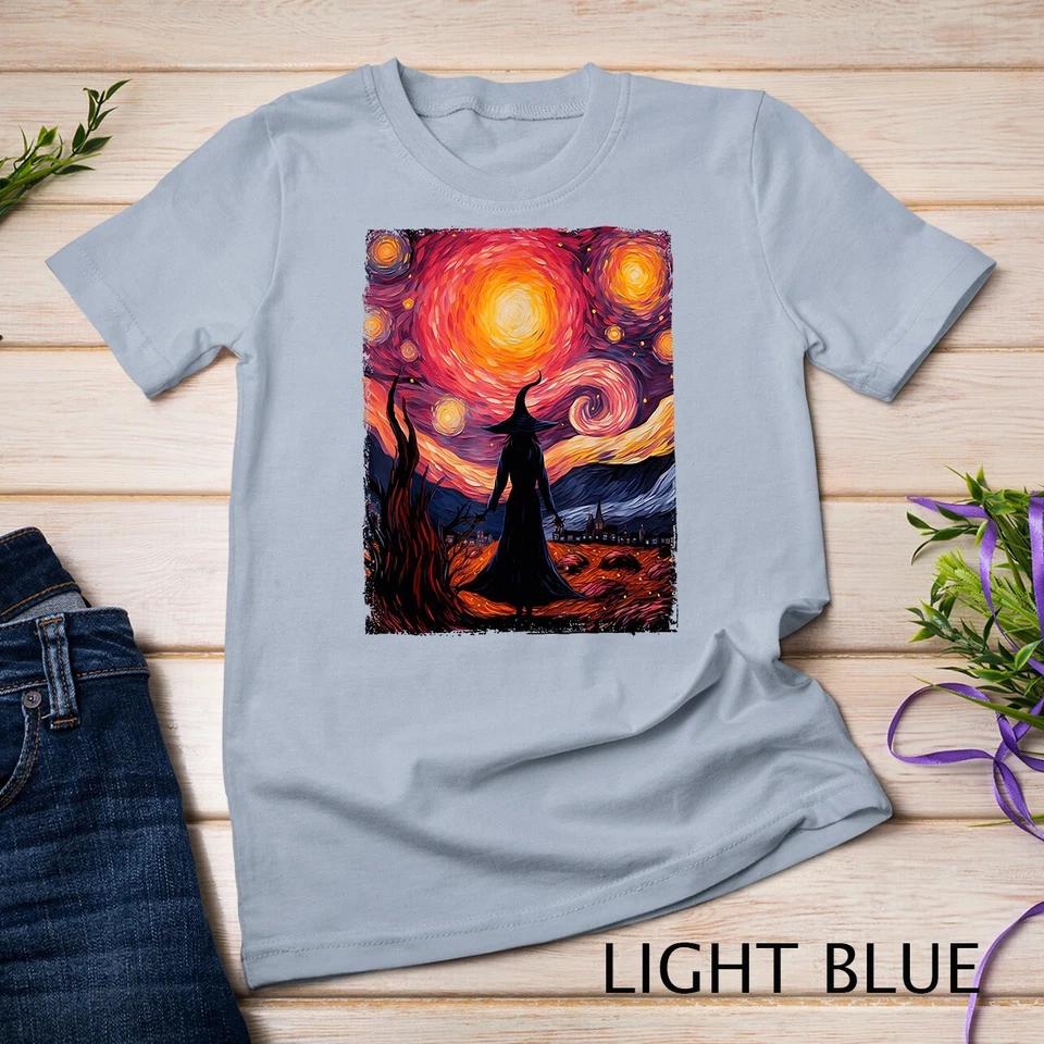 Witch Halloween Pink Breast Cancer Starry Night Van Gogh Art Unisex T-shirt 4