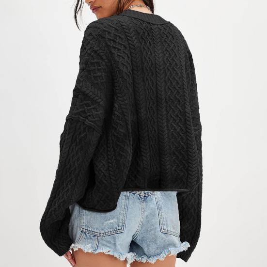 Women Sweater Coat V-Neck Long Sleeve Buttons Closure Cardigan Jacket with Pockets Solid Color Twist Texture Knitting Coat