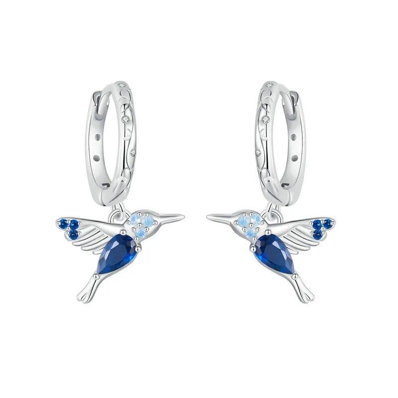 Bamoer 925 Sterling Silver Hummingbird Hoop Earrings Delicate Blue Opal Bird Ear Buckles for Women Party Jewelry Birthday Gift
