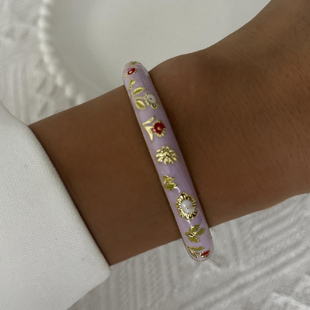 2Pcs Chunky Enamel Flower Bangles Set for Women Ethnic Style Hollowed Floral Cloisonne Bracelet Vintage Charms Jewelry Gifts