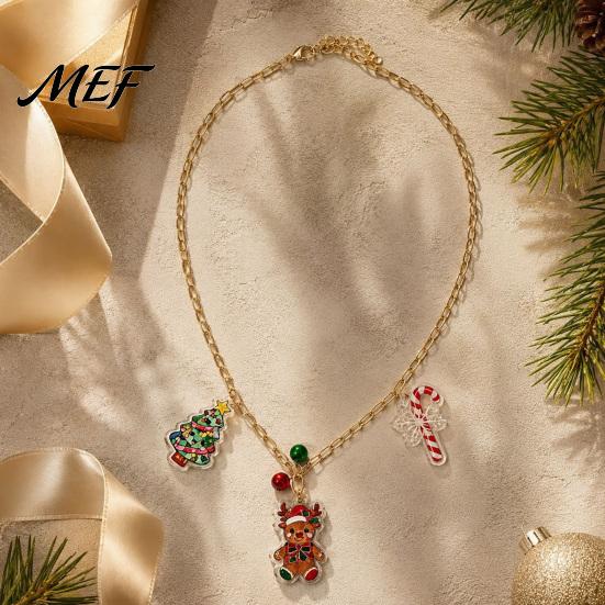 Christmas Charms Necklace for Women, Cute Elk Tree Candy Cane Pendant with Bells, Festive Alloy Jewelry Holiday Party Outfit Women