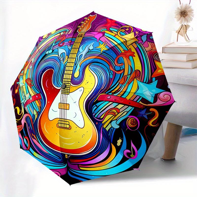 Guitar Art Automatic folding umbrella simple eight rib design, bright color pattern, durable iron frame, ideal for travel and outdoor, beac