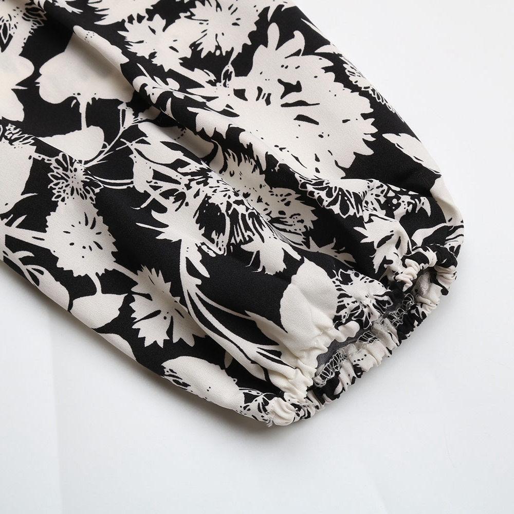 Women's Spring Autumn V Neck Long Sleeve Lace Up Printed High Waist A Line Dress