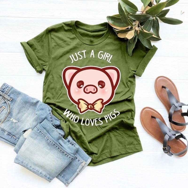 Футболка с принтом Just A Girl Loves Pigs для женщин с коротким рукавом и круглым вырезом, свободная футболка, летняя женская футболка, топы, женские рубашки
