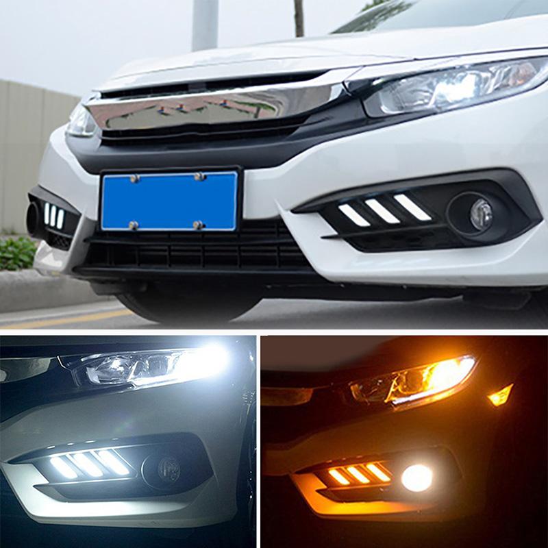 2 шт./пара светодиодных дневных ходовых огней белого света, автомобильные светодиодные указатели поворота, янтарные, подходят для Honda Civic 10-го поколения, седан 2016-2019