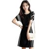 J-Scott Belted Striped Dress, Above Knee, Flared, Short Dolman Sleeves, Luxury Black, JS53-BK-M (Limited Stock)