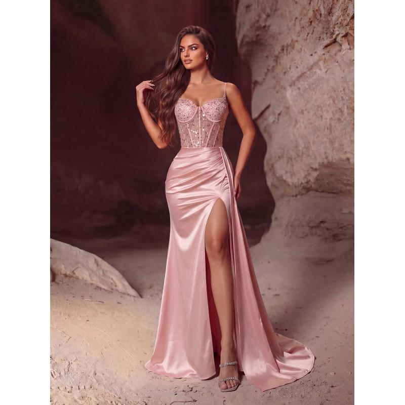 Elegant Solid Color Beaded Spaghetti Strap Bodycon Dress With Side Slit Mermaid Hem Formal Events