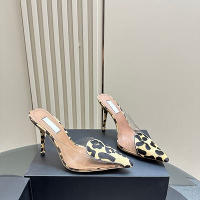 Мода 2025 Асимметричный леопардовый принт Острый носок Лакированная кожа Тонкий каблук Высокий каблук Шлепанцы для женщин Излучают чувство роскоши