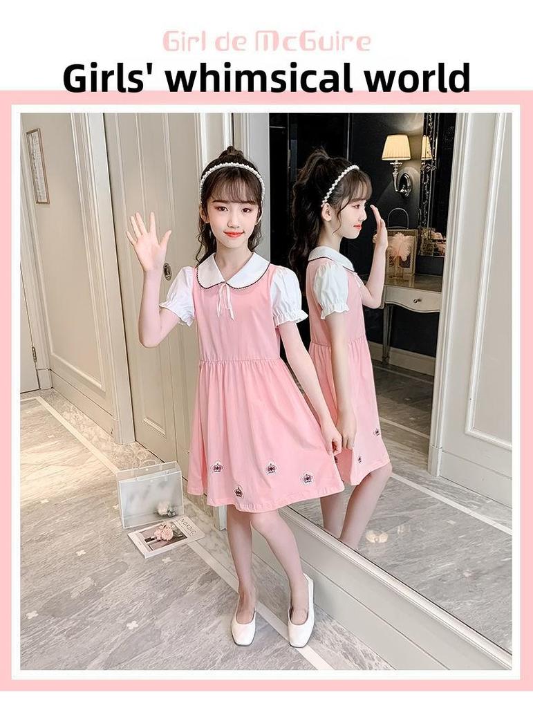 Летние платья в корейском стиле с воротником-стойкой для девочек - модная юбка принцессы для учеников начальной и средней школы