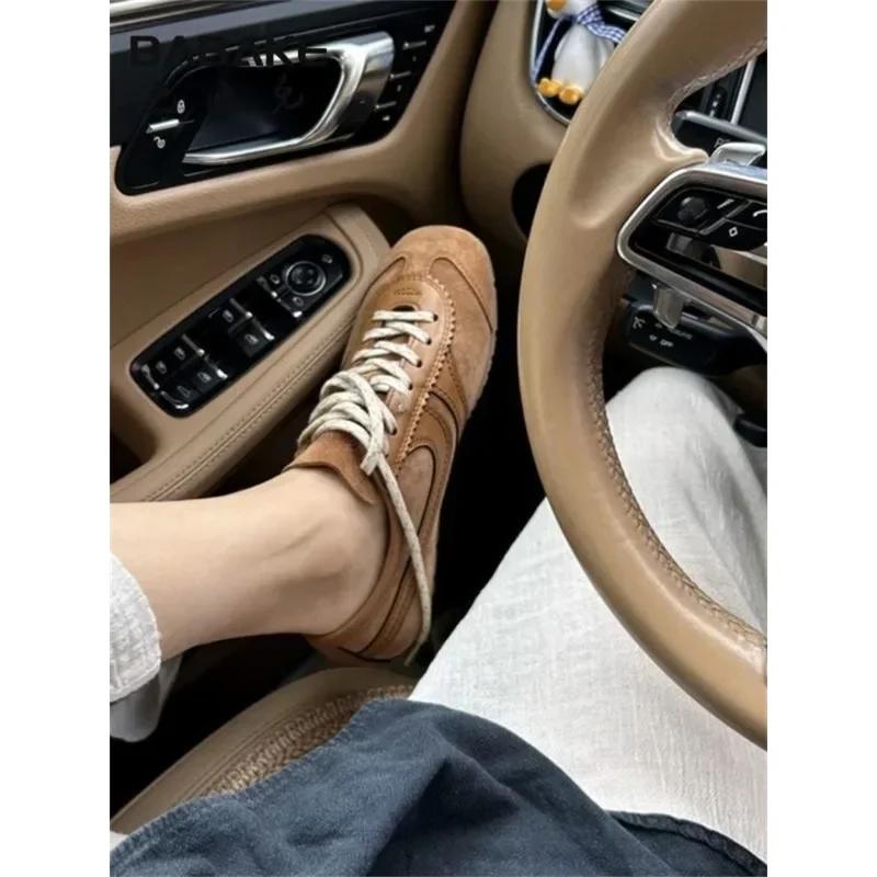 Модная удобная европейская натуральная кожа высокий нишевый ретро немецкие тренировочные туфли женские летние дышащие на плоской подошве спортивные туфли для скейтборда