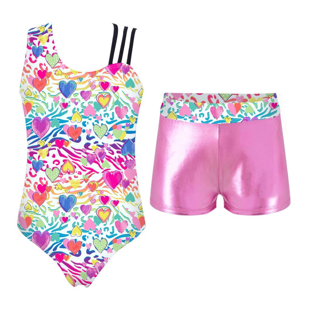 Детский купальник с асимметричными бретелями для девочек и шортами с принтом для гимнастических занятий йогой, танцевальными видами спорта