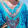 Printed Turkish Robe Bat Sleeve Summer Tunic Plus Size Swimwear Cover Up For Women's Swimwear Blue Kaftan Dresses