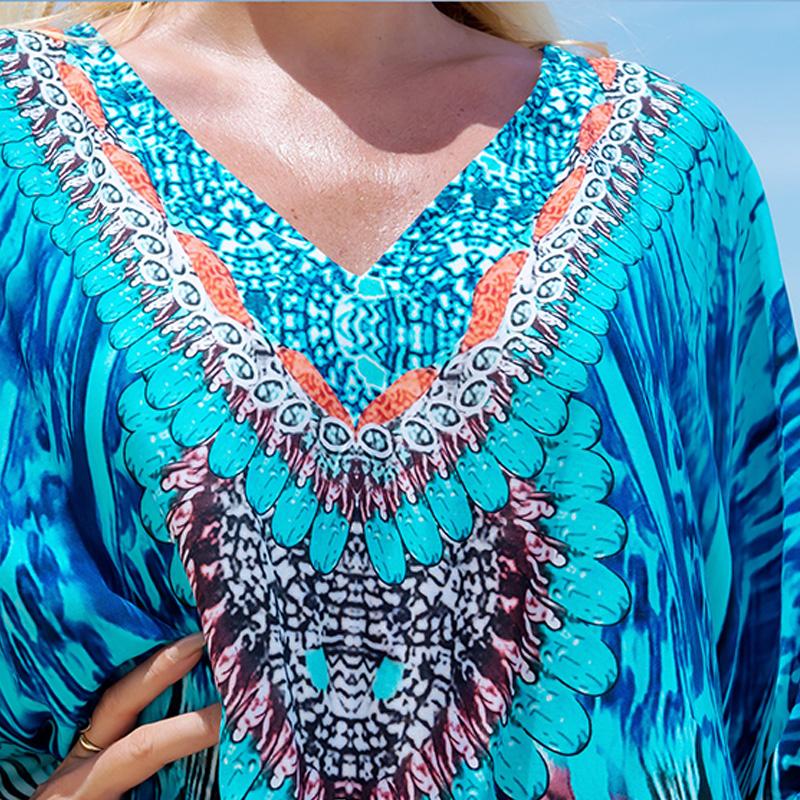 Printed Turkish Robe Bat Sleeve Summer Tunic Plus Size Swimwear Cover Up For Women's Swimwear Blue Kaftan Dresses