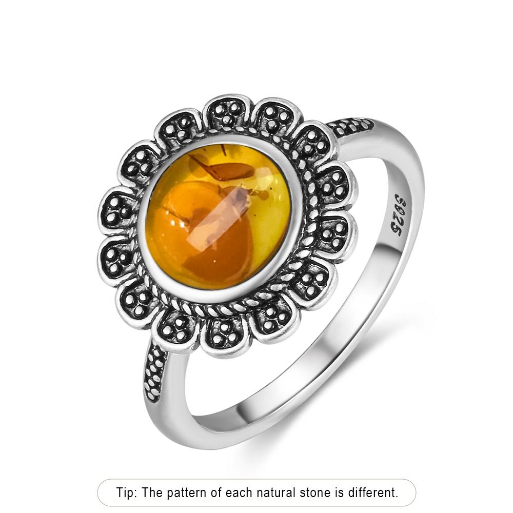 Кольцо из стерлингового серебра с натуральным янтарём, в форме цветка, овальное, лепестки, янтарные камни, подарки, изысканные украшения для женщин