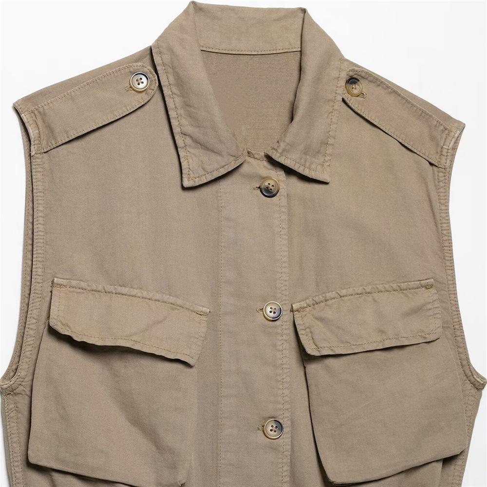 2025 Spring/Summer Women's Slim Fit Sleeveless Lapel Dress with Pocket Detail