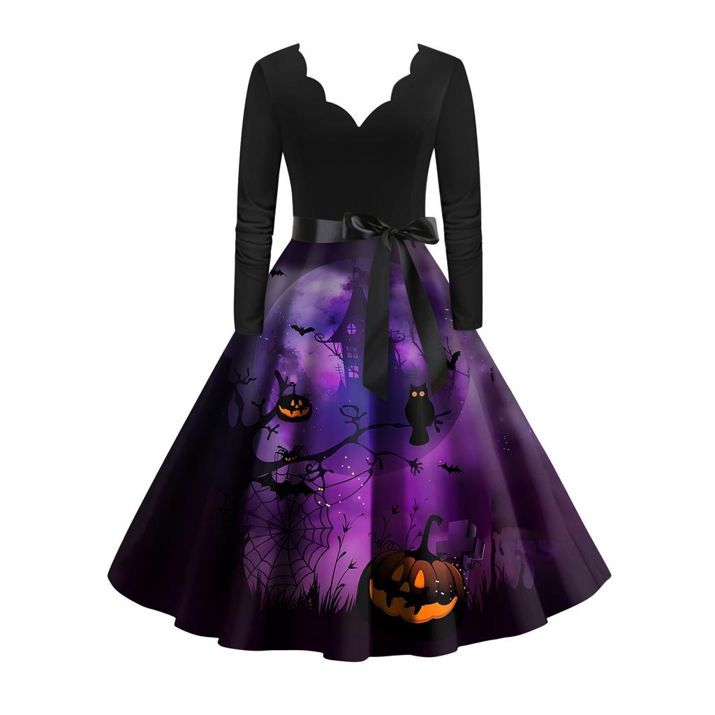 Женское винтажное классическое платье с вырезом на талии и галстуком-бабочкой с длинными рукавами на Хэллоуин с принтом и V-образным вырезом, свободное платье