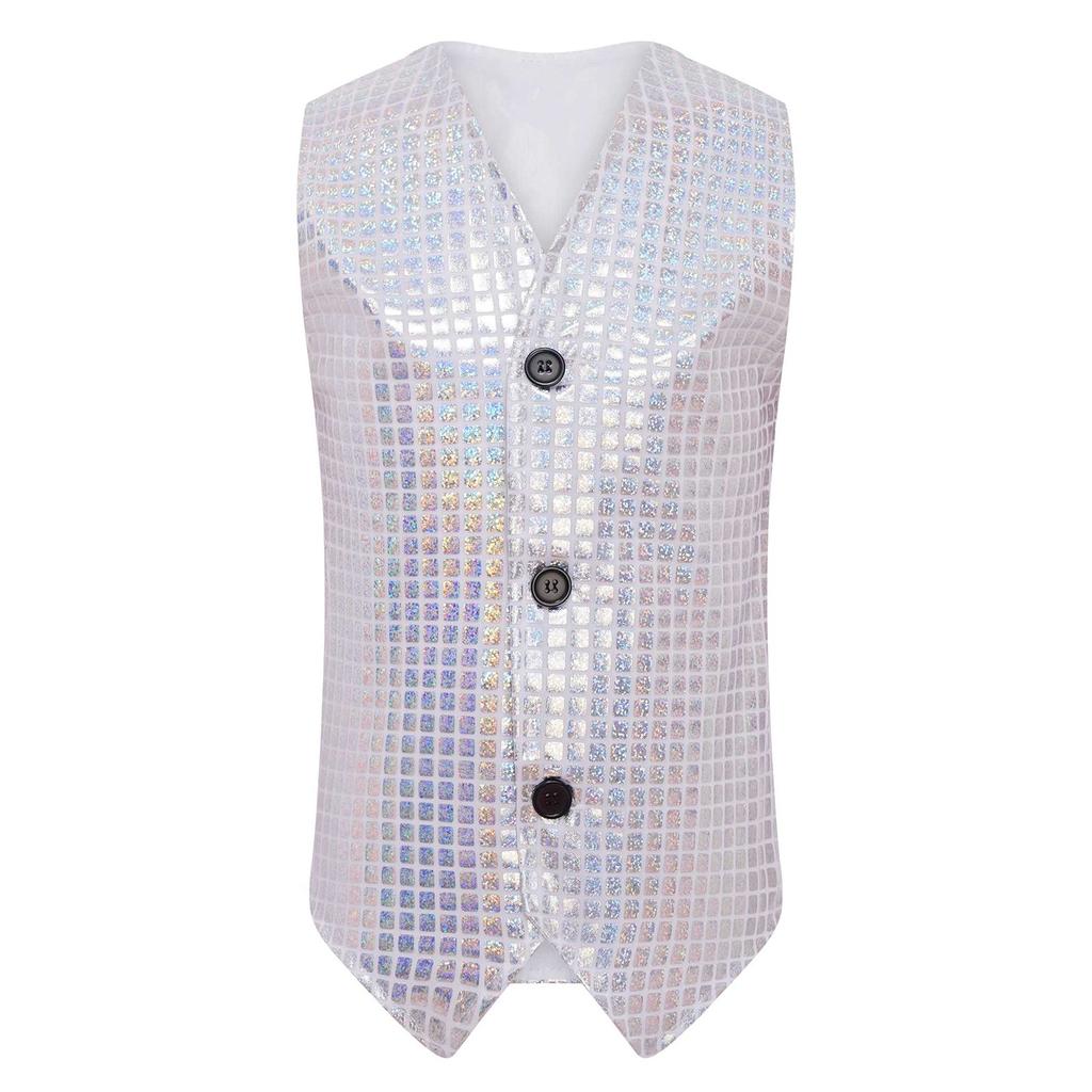 Boys Girls Dance Stage Performance Costume V Neck Sleeveless Asymmetrical Hem Button Metallic Plaid Vest