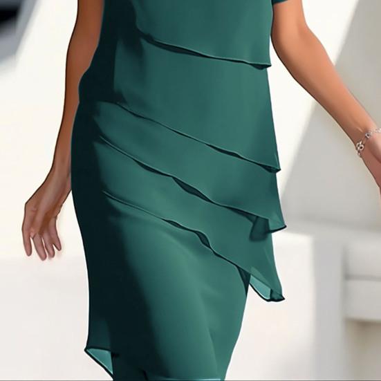 Женское модное шифоновое платье с круглым вырезом и коротким рукавом, сплошное цветное плиссированное платье, элегантное женское вечернее платье миди для отпуска, коктейльная вечеринка