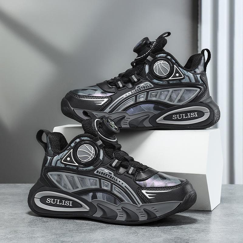 208 Students Children's Fashion Rotating Buckle Sports Shoes Running Shoes Boys Autumn and Winter Leather Surface Primary School Students Casual Sh